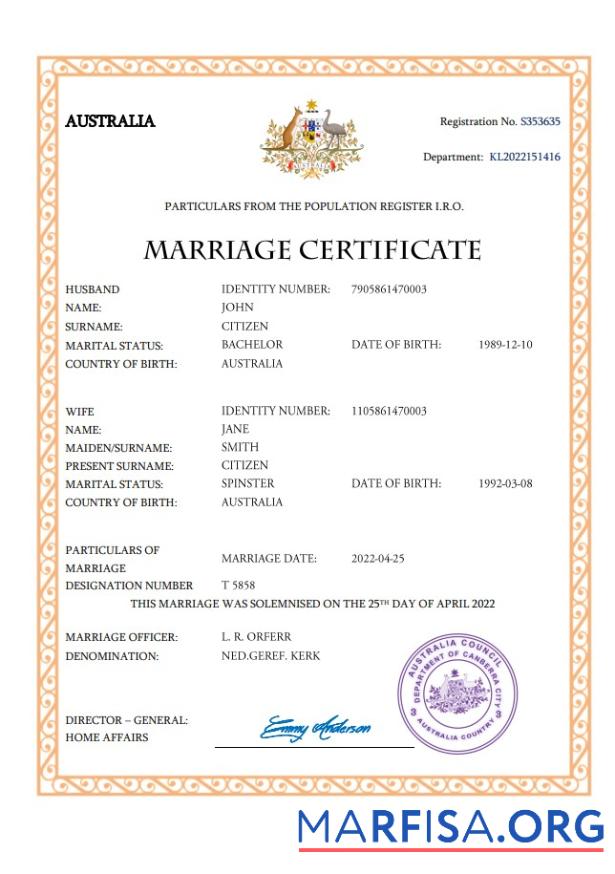 Downloadable Australia marriage certificate Word and PDF template